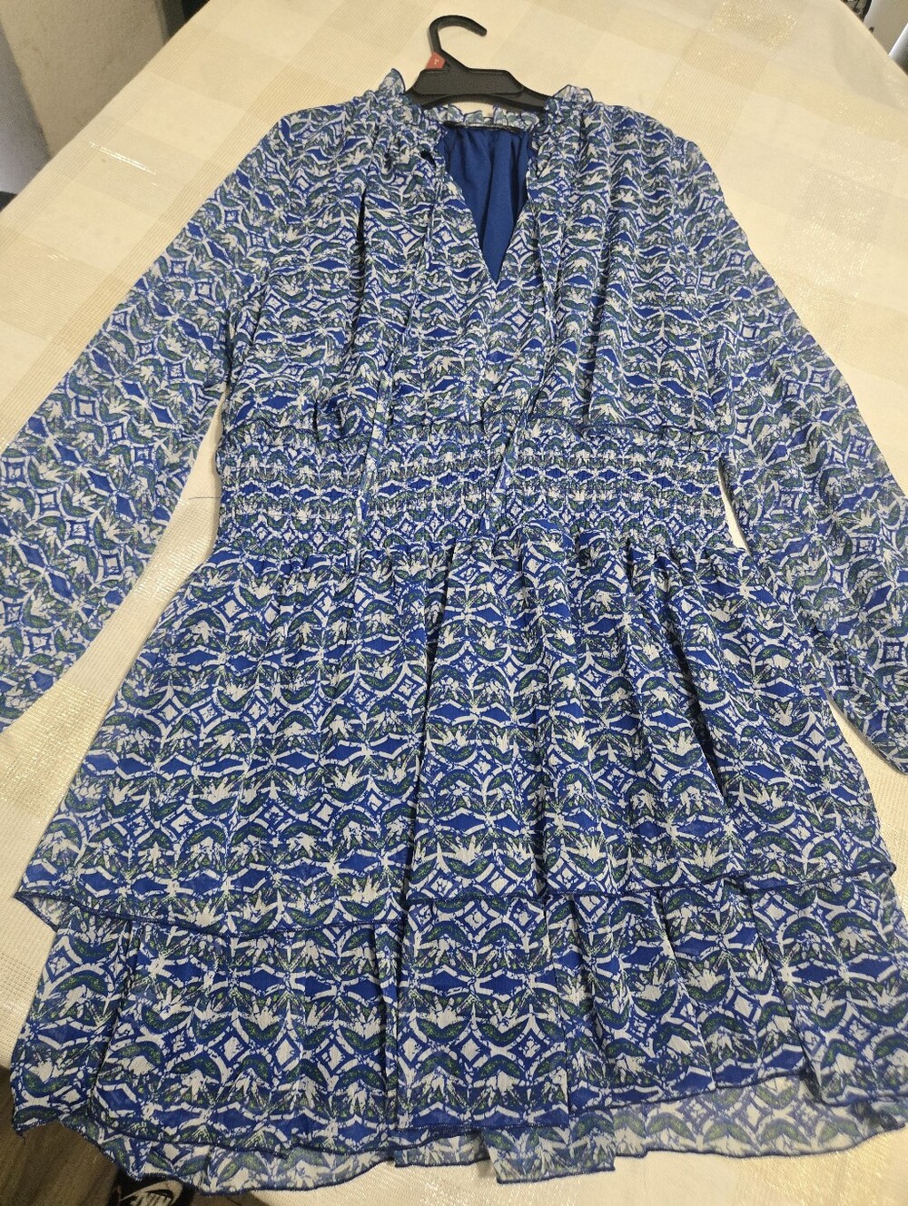 Blue Patterned Long Sleeve Women's Dress
